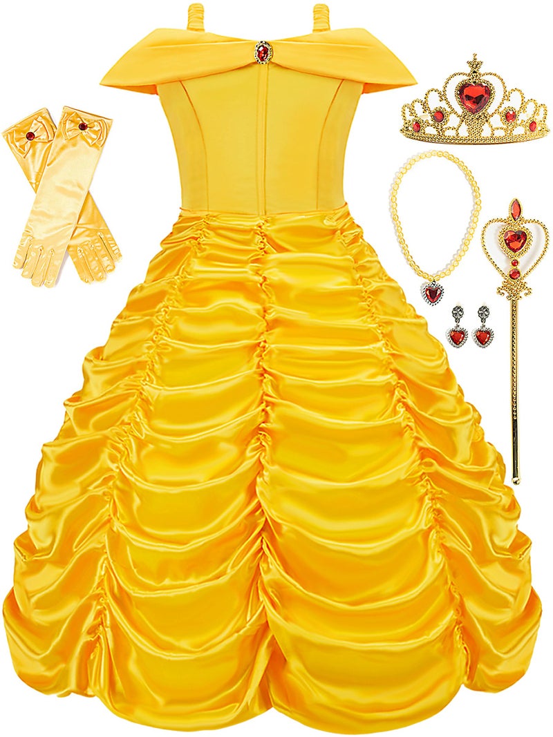 Funna Princess Costume Layered Dress Off Shoulder for Girls Dress Up with Accessories Yellow, 5T - Image 1